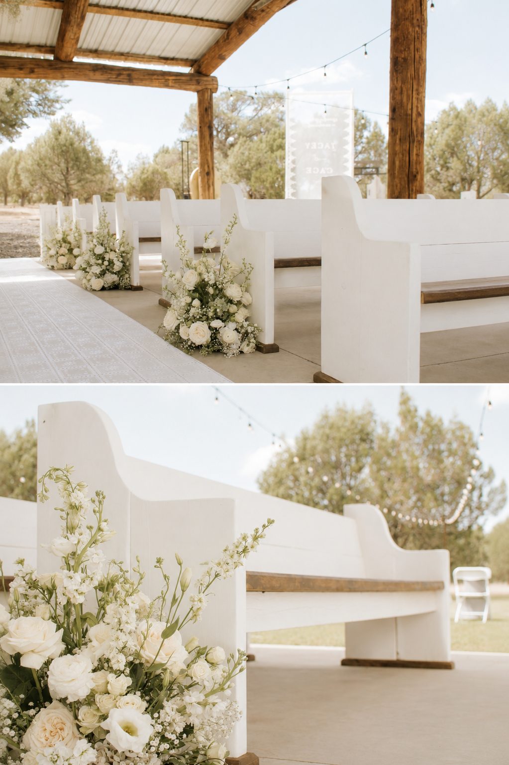 Handcrafted white wooden pew with warm wood feet in ceremony setting