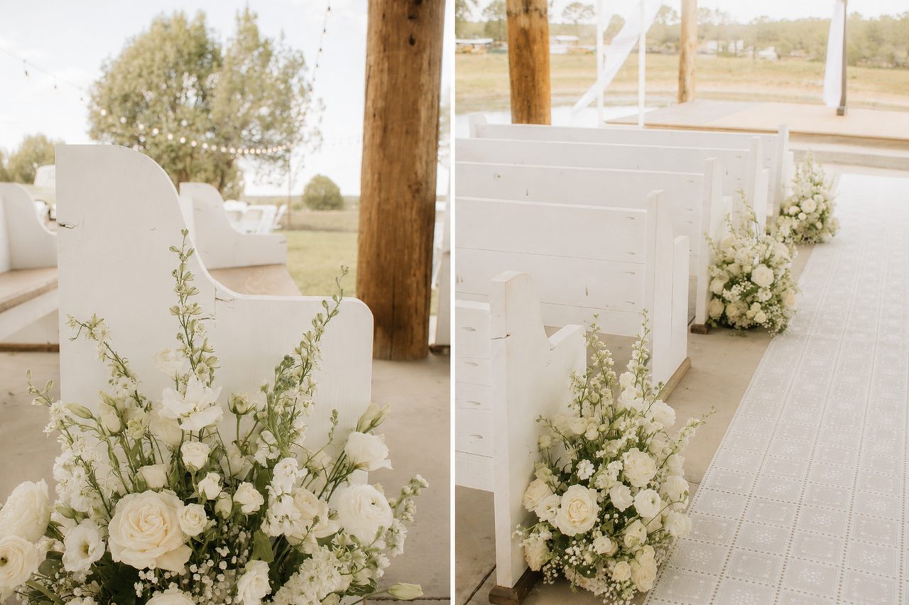 Angled view of a Borrow Bloom white wooden pew at a ceremony